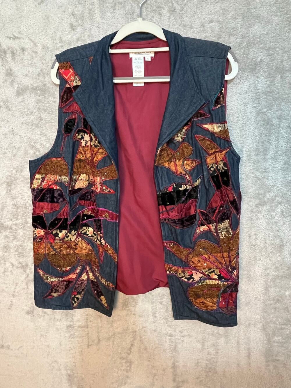 Coldwater Creek Denim Vest XL Floral Patchwork Embroidered Boho Western